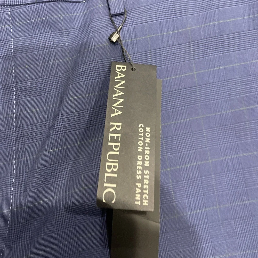 NWT Banana Republic Pants Mens 38x32 Slim Fit Non Iron Stretch Blue Check